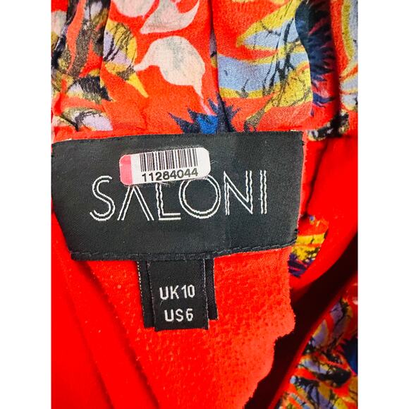 SALONI Red Floral Flame Azalea Olivia Tie-Waist 100% Silk Ruched Ruffles Dress 6 - Picture 12 of 16